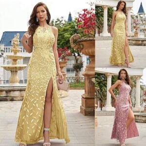 Women's Backless Slit Thigh Sequin Long Dress Eye-Catching & Comfortable Gold