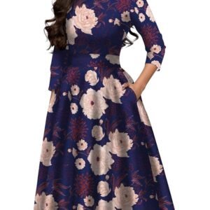 Women's Floral Evening Flare Vintage Midi Dress 3/4 Sleeve