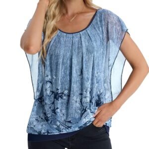 Women's Printed Flouncing Flared Short Sleeve Mesh Blouse Top