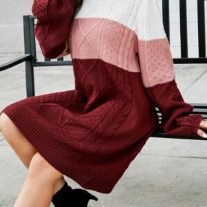 Women Knitted Dress Long Sleeve Splicing Loose Casual Dress