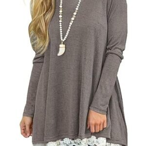 Women's Crew Neck Long Sleeve Lace Splicing Swing Shirt Dresses Long Tunic Blouses Shirts for Leggings (XXL, Gray)