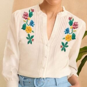 Women 3/4 Sleeve Peasant Blouse V Neck Button Down Shirts Dressy Casual