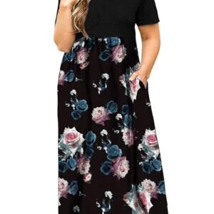 Women's Short Sleeve Plus Size Maxi Dress with Pockets Loose Casual Summer Dresses, Black Pink, 3X-Large