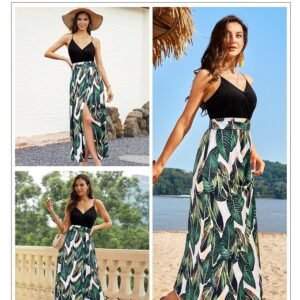 Women's Summer V Neck Spaghetti Strap Sleeveless Casual Split Long Maxi Dress (Floral 09, X-Large)