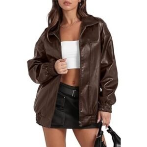 Women’s Oversized Faux Leather Bomber Jacket Zip-Up Winter Motorcycle