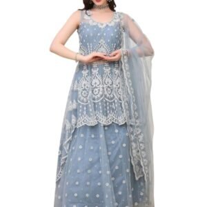 Icy Blue Fishtail Lehenga Set for Women | Tissue Net Flared Skirt with Can-Can, Pearl & Zircon Embellished High-Low Top and Dupatta | Elegant Party & Festive Ensemble