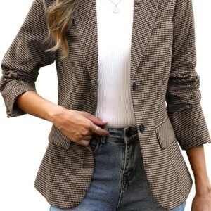 Women's Lapel Collar Plaid 2 Button Boyfriend Blazer Suit Houndstooth Work Office Blazer Jacket