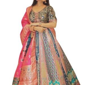Designer Bridal Lehenga Choli Set with Pink Dupatta, Teal Green Embroidered Skirt, Traditional Wedding