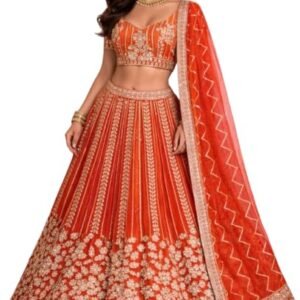 Women's Bridal Sider Lehenga Choli, Orange, Embroidered, 3-Piece Set lehenga set for women's