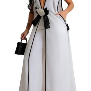 Womens Sleeveless Suit Vest Dress Wide Leg Pants Business Casual Blazer Set Multi Pockets Overalls