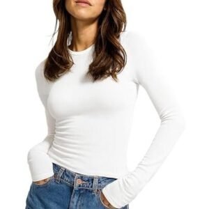 Women’s Solid Ribbed Long Sleeve Slim Fit T-Shirt | Stretchable Round Neck Top for Casual