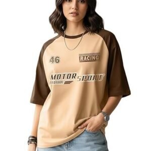 Oversized Half Sleeve Cottonblend Tshirt for Women, Round Neck Longline Printed Colour Blocked Baggie T-Shirt (Color Rama Green)