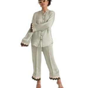 Karina Co‑Ord Set Women’s Mint Green Hammer Satin Two‑Piece Wide‑Leg Pants & Long‑Sleeve Button Top Lounge/Resort Outfit