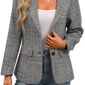 Women's Lapel Collar Plaid 2 Button Boyfriend Blazer Suit Houndstooth Work Office Blazer Jacket