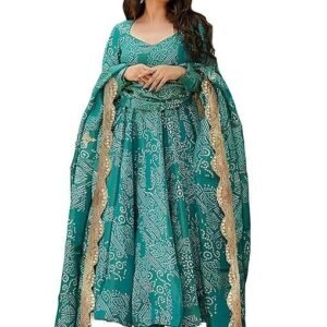 Women's Bandhani Print Flared Anarkali Muslin Kurta Set with Pant & Stylish Dupatta Ethnic Long Sleeve Dress Suit Set