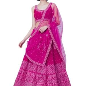 Hot Pink Embroidered Lehenga Choli Set with Net Dupatta | Floral Embroidery, 3-Piece Set, Sequin Detailing, Flared Skirt